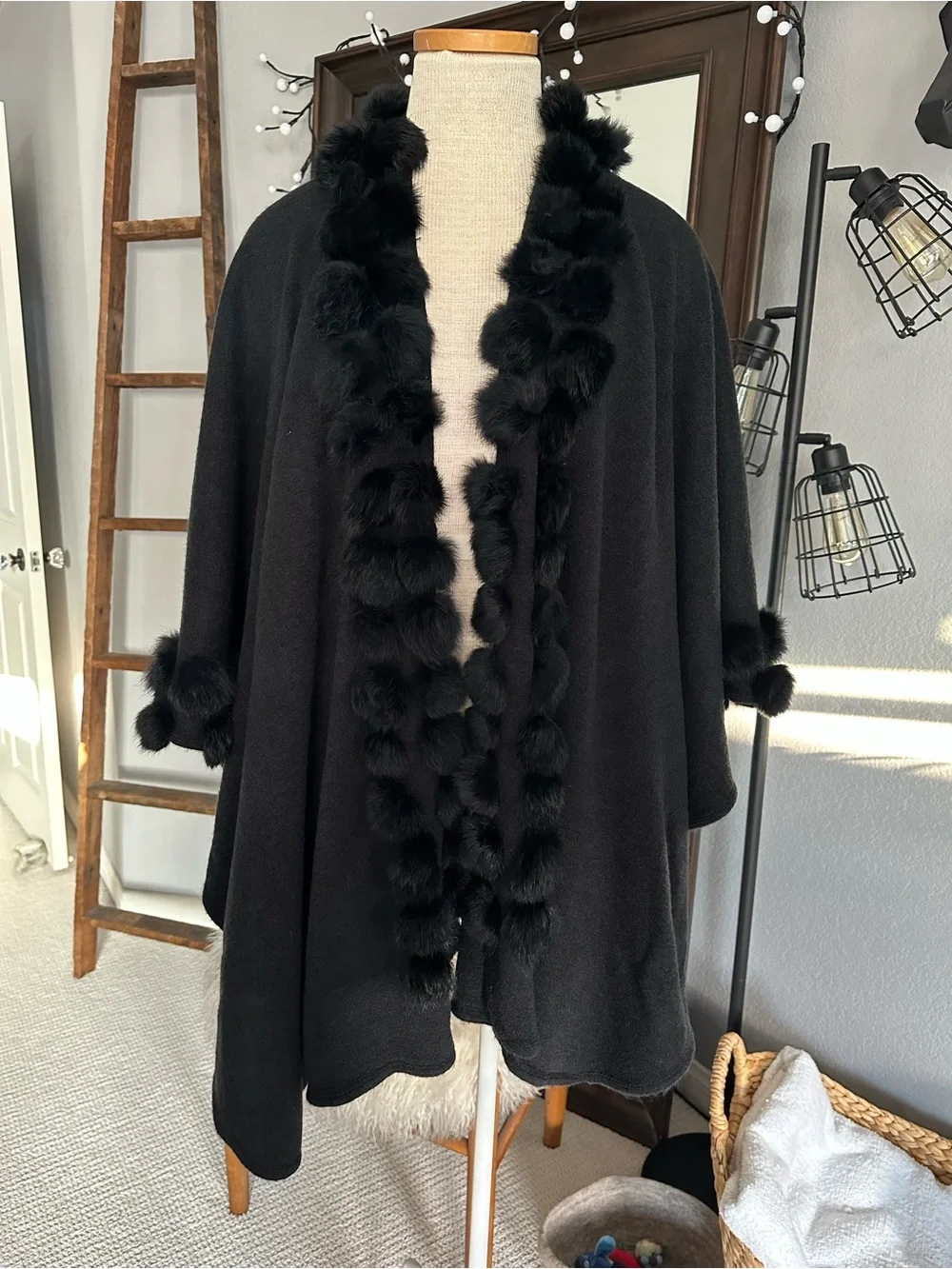 Black Knit Wrap with rabbit fur Pom Pom accents